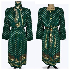 Vtg Leslie Fay 80s Equestrian Fox Hunt Skirt Set Sz 8 Green Fleur De Lis Preppy